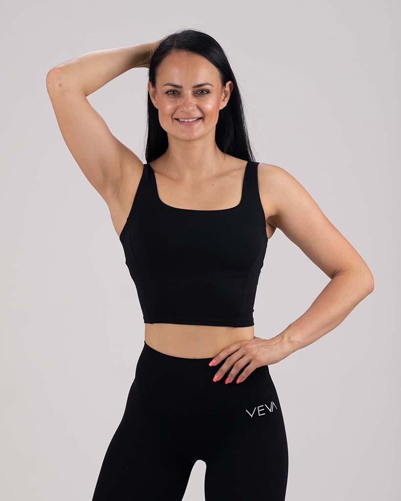 VEVAwear Feather Long Sports Bra Mighty Black – front view