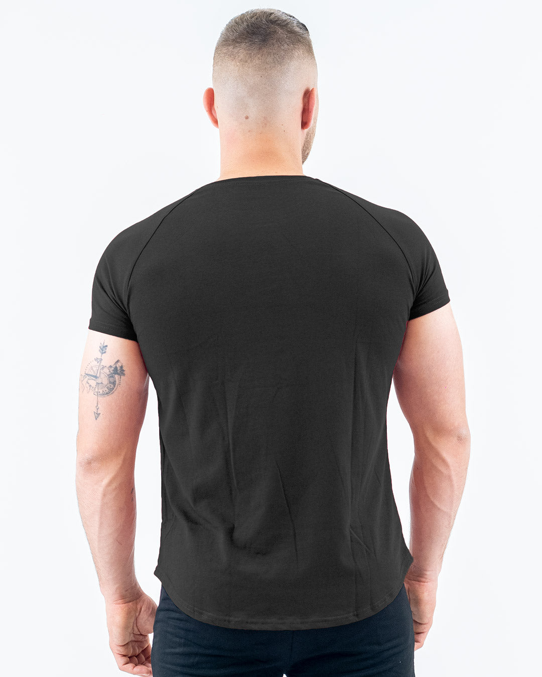 Graphite Grey Fit T-Shirt on model, fitted arms, relaxed midsection