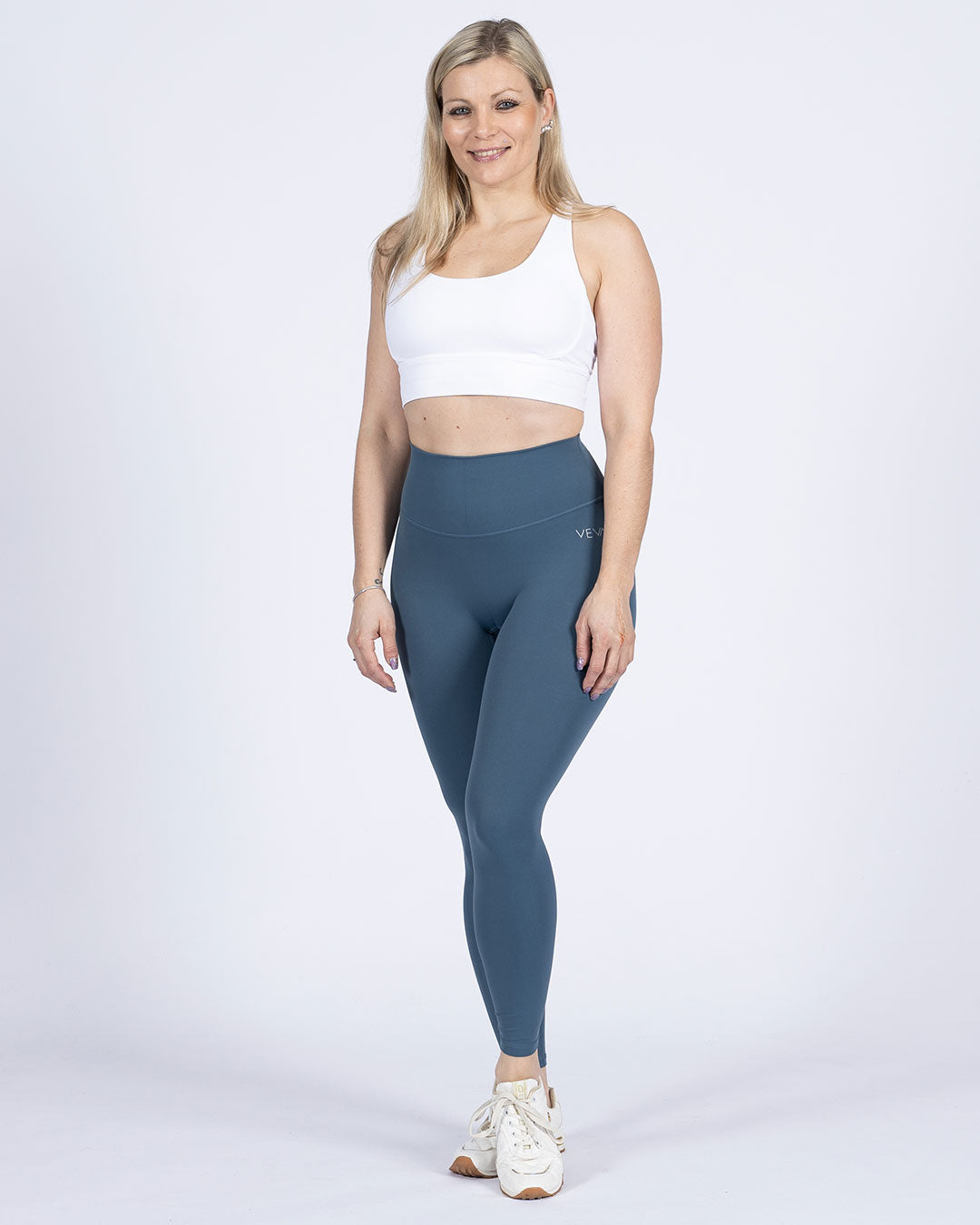 VEVAwear Feather Light Leggings Storm Blue – worn by model, front view